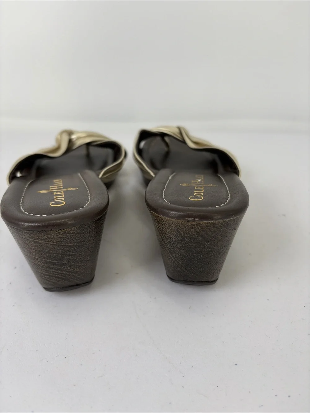 👔 Cole Haan leather wedge Metallic Gold Twisted Strap Slide Sandals